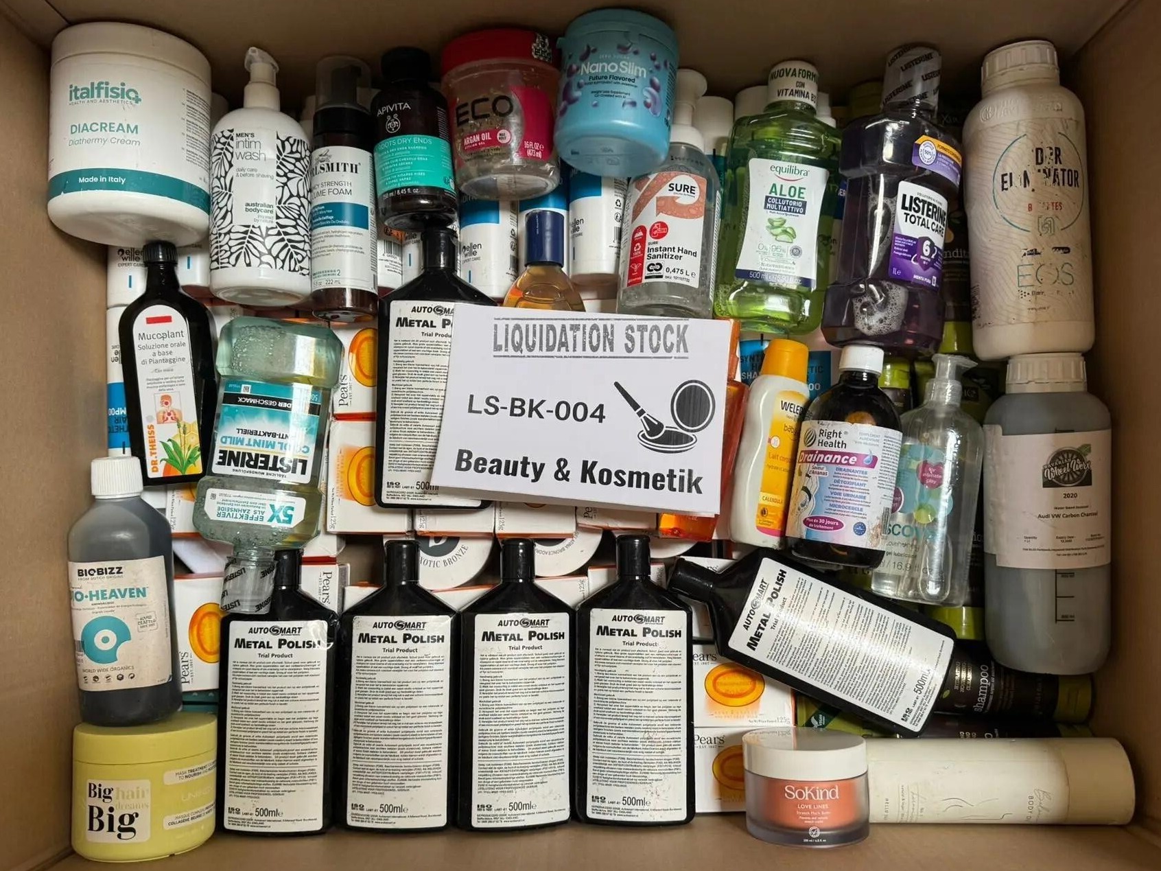 Listerine Mouthwash, Autosol Metal Polish, Big Green Egg Seasoning, Dr. Bronner’s Soap, Faith In Nature Shampoo, Faith In Nature Conditioner, Sure Deodorant, Eco Styler Gel, SoKind Balm, Equilibra Aloe Gel, Vilavi Mask, Toothpaste and more